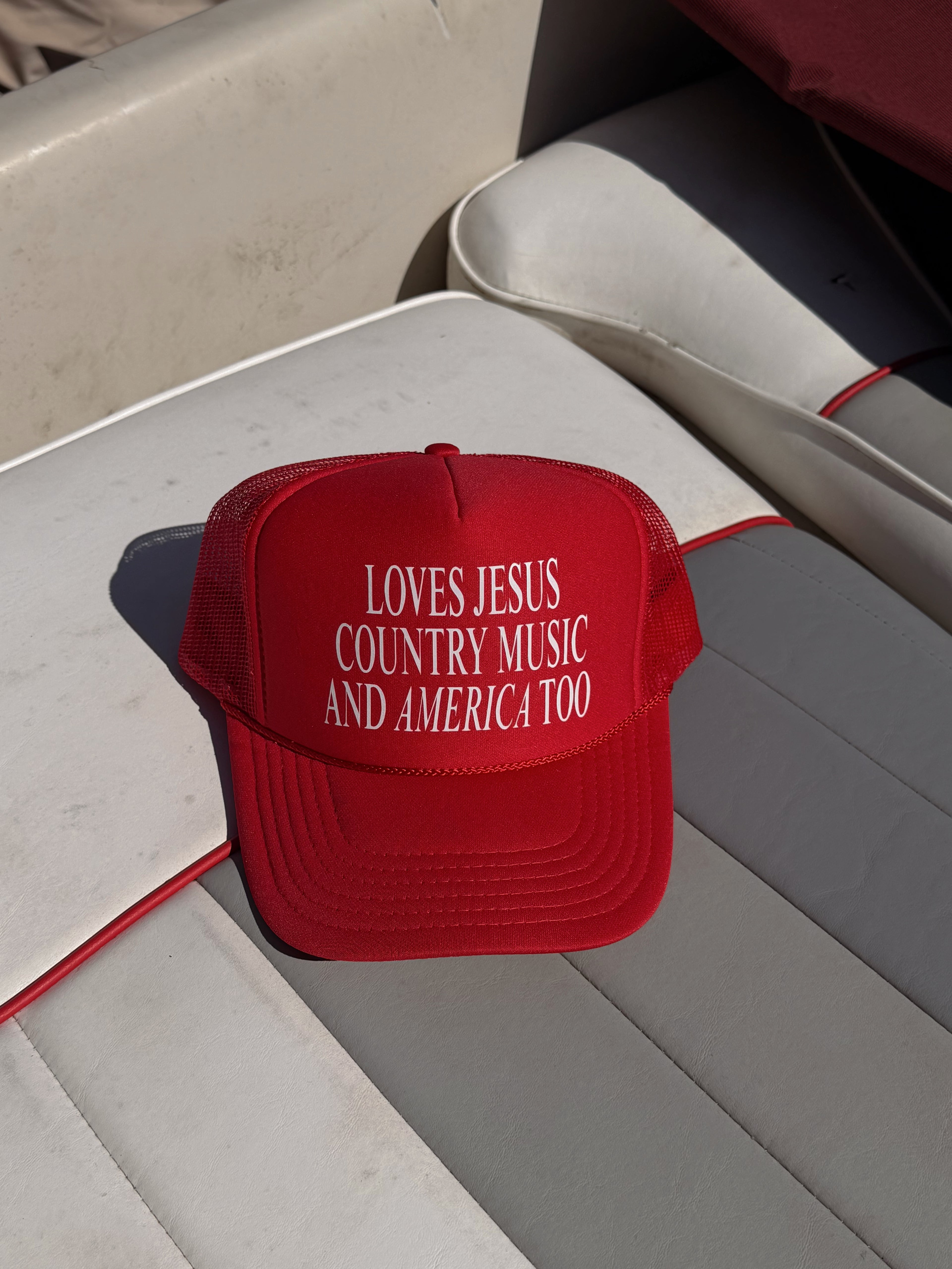 Loves Jesus Country Music and America Trucker Hat