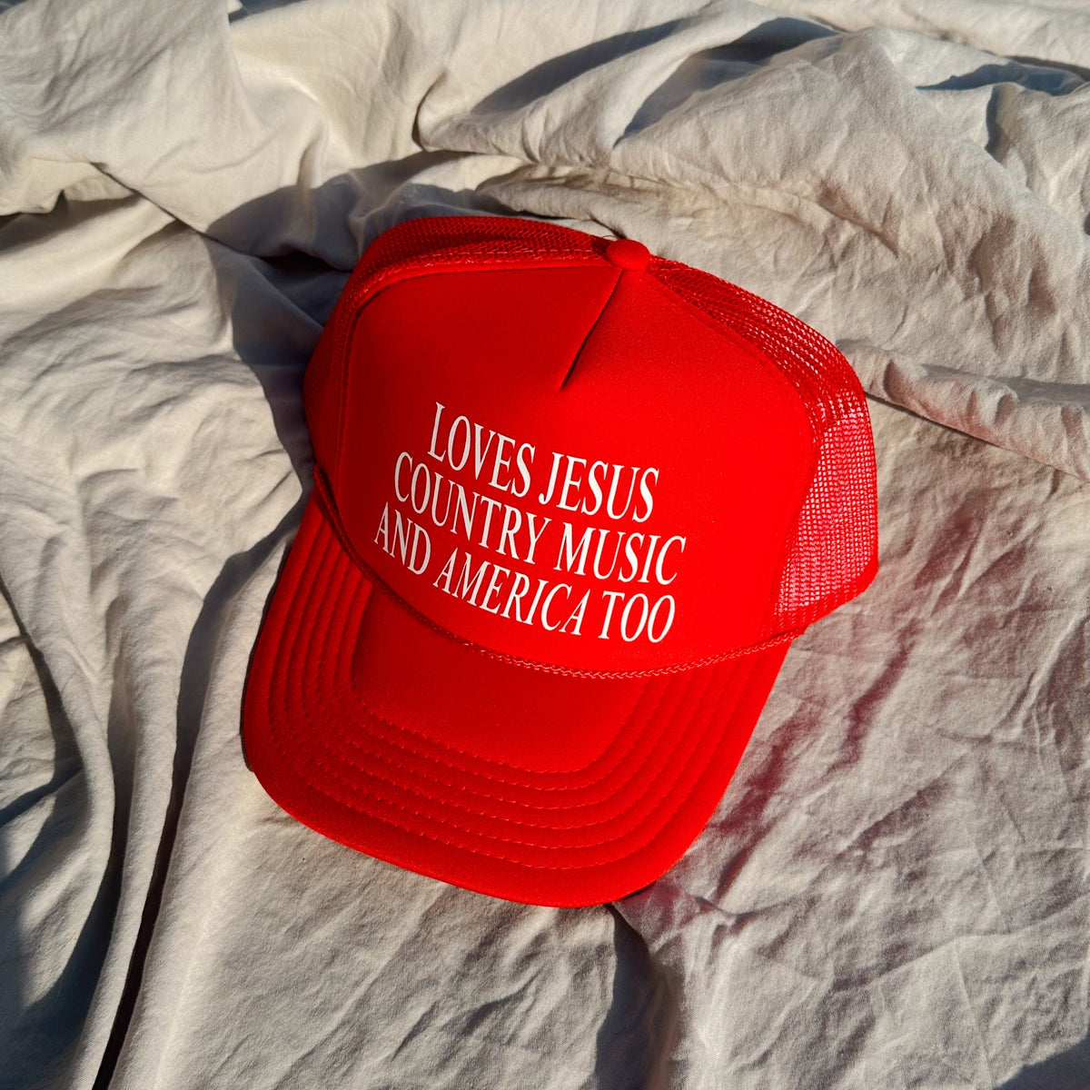 Loves Jesus Country Music and America Trucker Hat